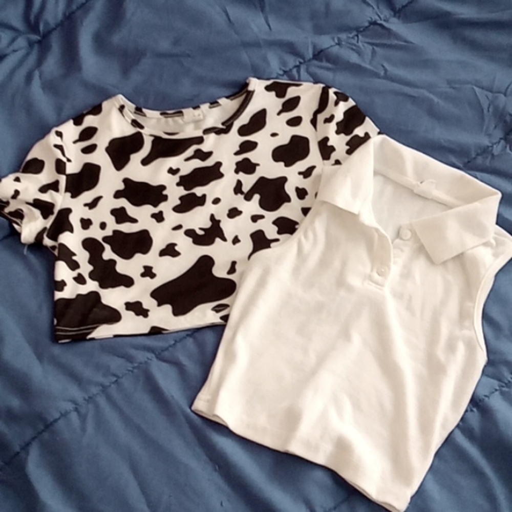Cow Print (1) & White Collared (1) Crop Tops
